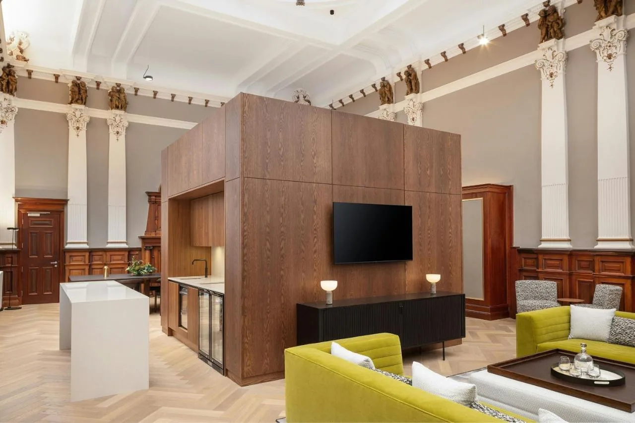 Large wooden feature wall inside AC Hotel Glasgow